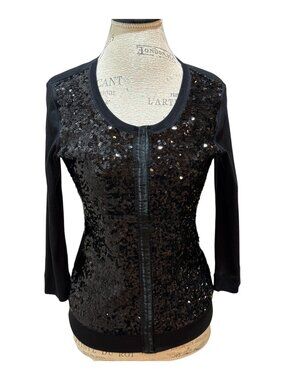 Monari Sz 8 Black Sequined Front 3/4 Sleeve Snap-Front Shacket Top Jacket